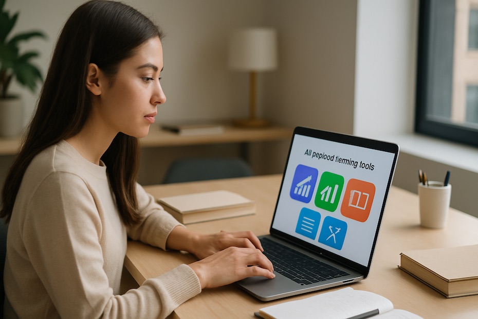 Student studying with AI-powered tools on a laptop in a modern study space.